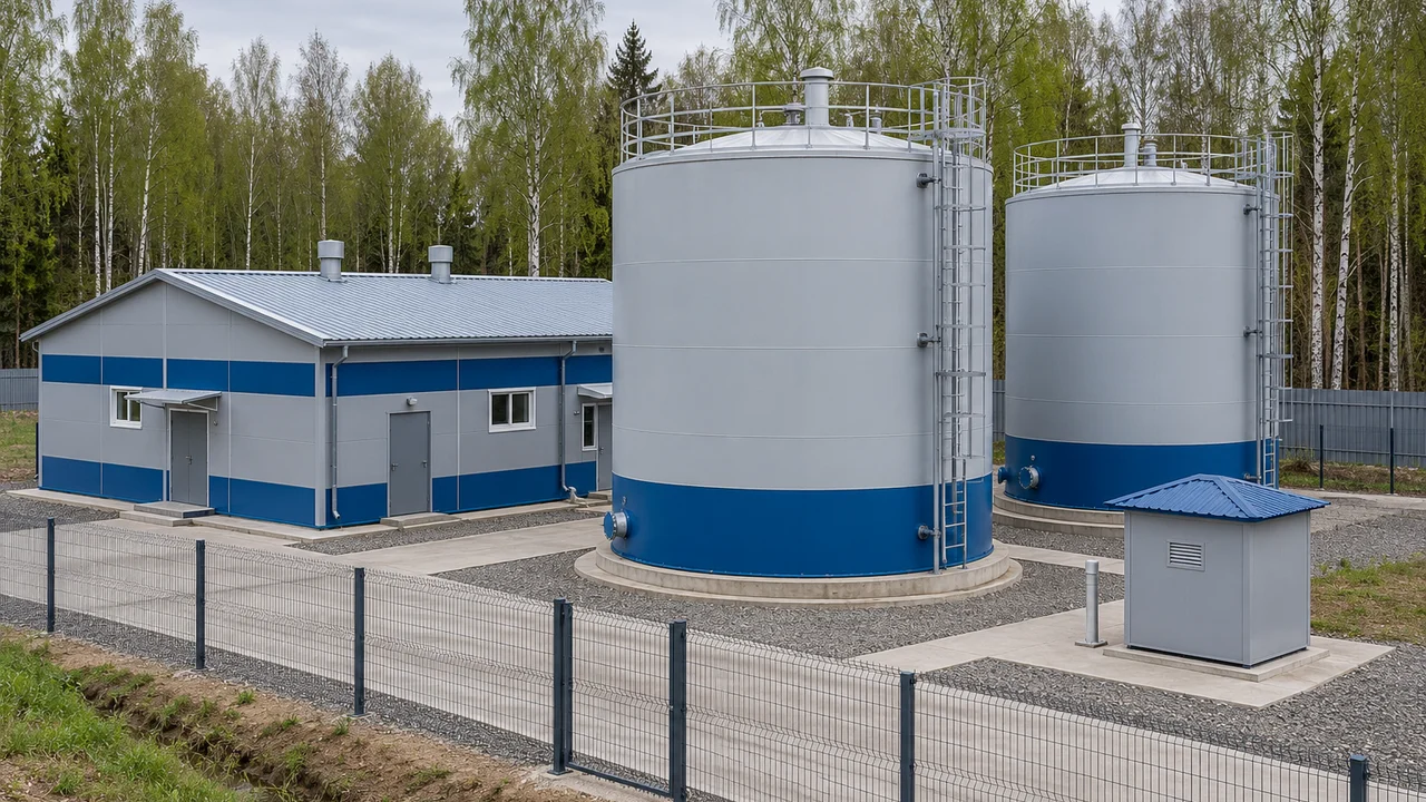 Иллюстрация водозаборного узла с резервуарами воды